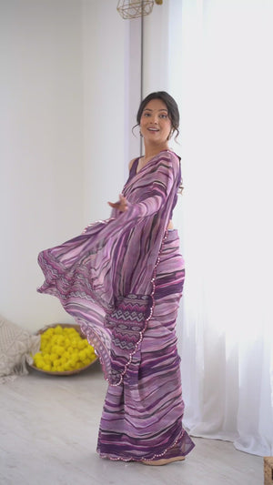 Purple Georgette Saree Featuring Digital Print & Mirror Embroidery Border