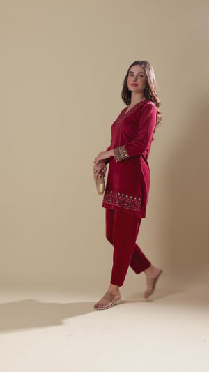 Maroon Embroidered Velvet A-Line Top Bottom Set