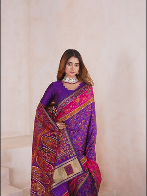 Traditional Purple Rajwadi Weaving Pashmina Silk Saree With Kashmiri Pallu & Elegant Zari Border