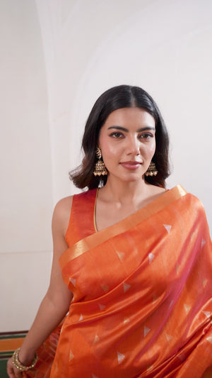 Classic Burnt Orange Tussar Silk Saree Showcasing Rich Geometric Weaving & Trendy Tassel Pallu