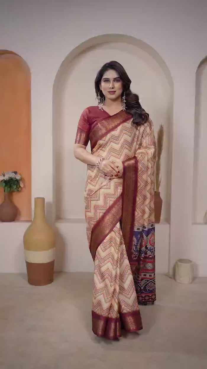 Peachmode Maroon Cotton Silk Kalamkari Print Saree with Zari Border - Video 2