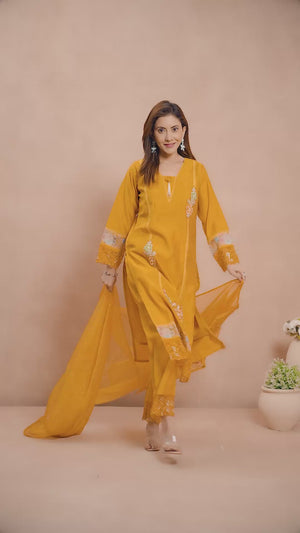 Mustard Floral Patch Work Embroidered Chanderi Straight Salwar Suit