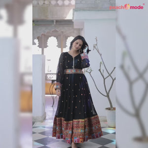 Black Floral Embroidered And Mirror Work Georgette Gown