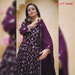 Purple Floral Embroidered Georgette Semi Stitched Anarkali Suit