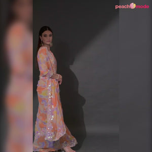 Light Orange Sequins Embroidered With Printed Georgette Saree