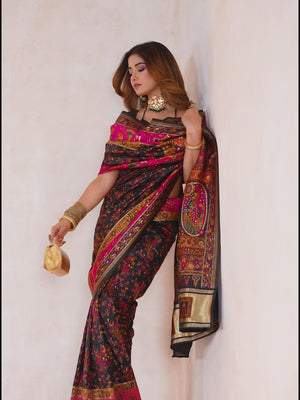 Traditional Black Rajwadi Weaving Pashmina Silk Saree With Kashmiri Pallu & Elegant Zari Border