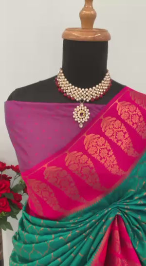 Rama Green Floral Woven Kanjivaram Silk Saree