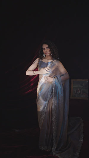 Glamorous Blue Two Tone Satin Silk Saree Adorned With Beads & Stones Embellishment