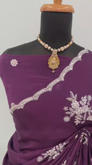 Wine Chinon Saree Adorned With Zari Floral Embroidery & Gleaming Sequins Work