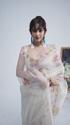 Cream Traditional Hand Printed Organza Tissue Saree With Fancy Hand Stone Embellished Work