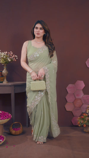 Pista Green Georgette Saree Featuring Intricate Floral Sequin Embroidery