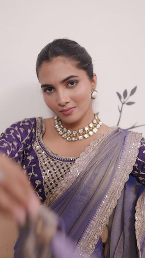 Sophisticated Lavender Solid Moss Orgnaza Saree With Intricate Cording Sequins Embroidery Border