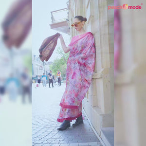 Pink Digital Printed Satin Saree