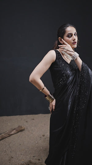 Opulent Black Stone Work Satin Silk Saree With Hand Cut Dana & Sequin Applic Work