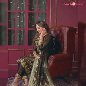 Brown Floral Sequins Embroidered Cotton Silk Suit