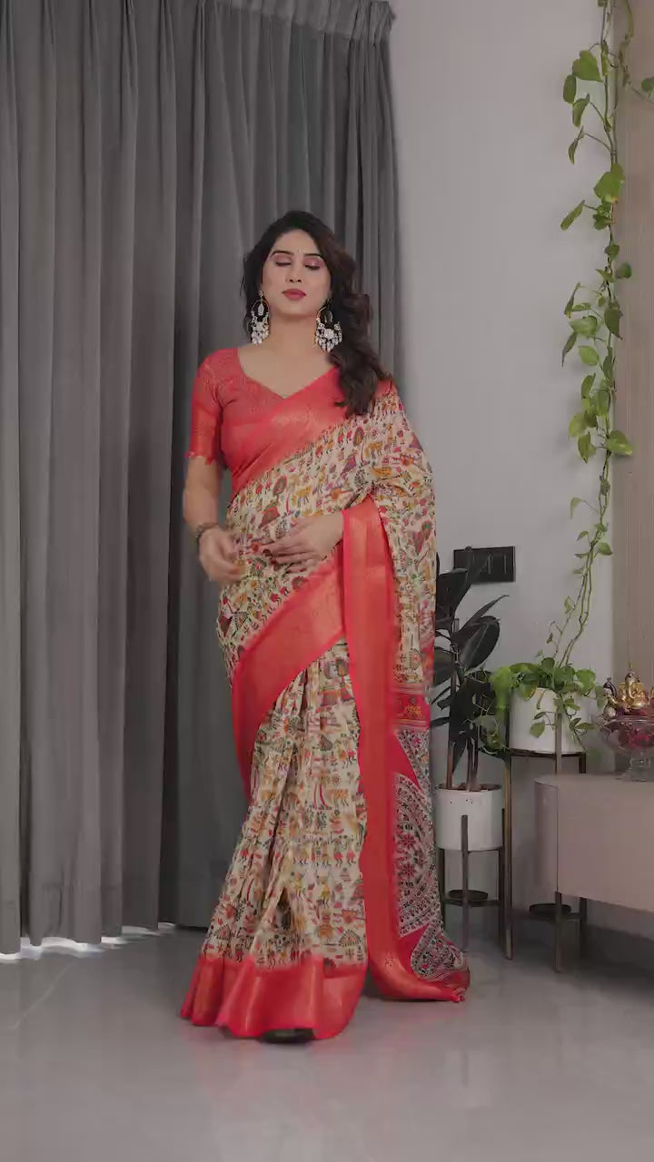 Peachmode Cream Handloom Linen Cotton Floral Print Saree - Video 3