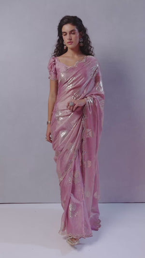 Pink Satin Silk Saree Showcasing Elegant Floral Foil Prints & Dazzling Zarkan Work