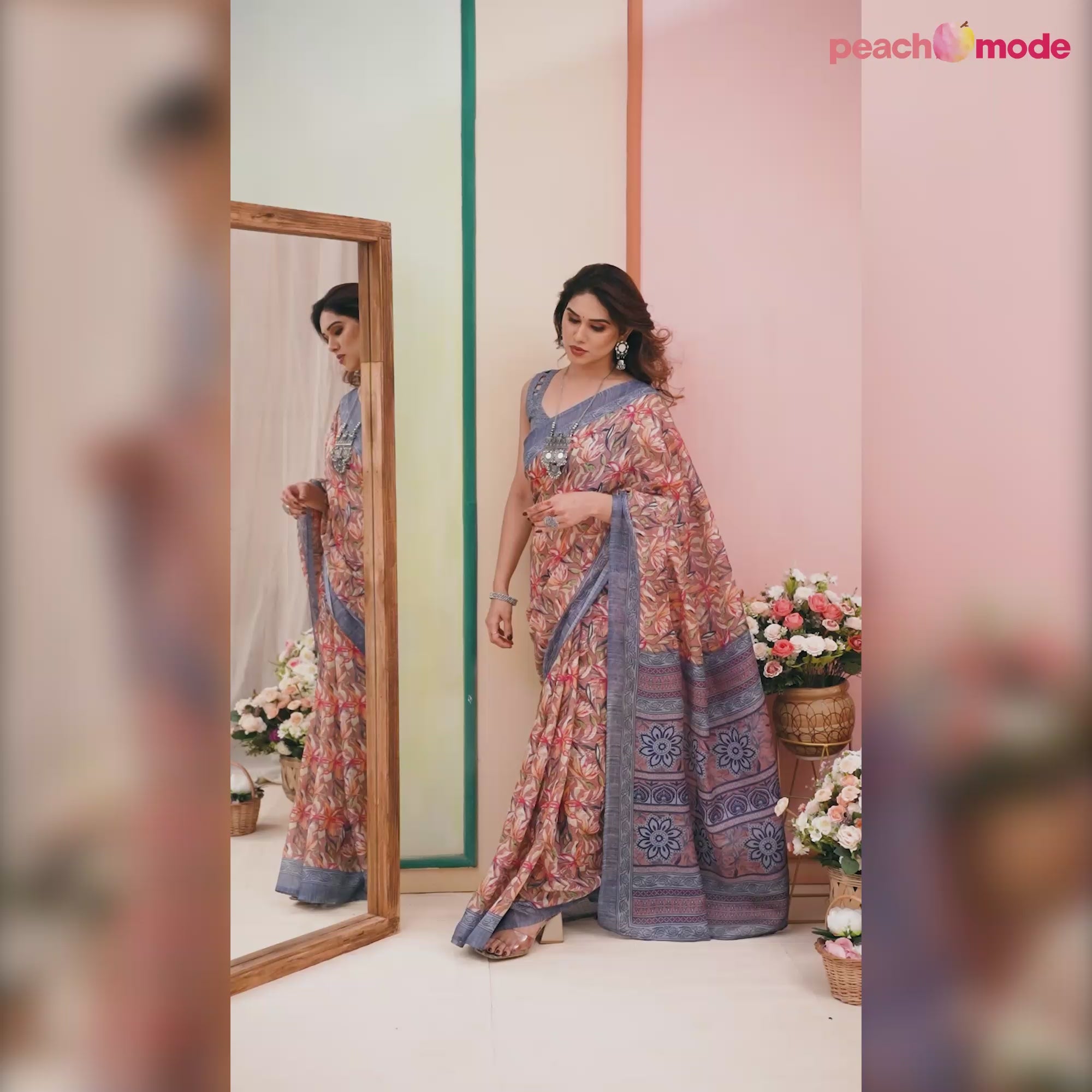 Mauve & Grey Floral Printed Kota Doria Saree