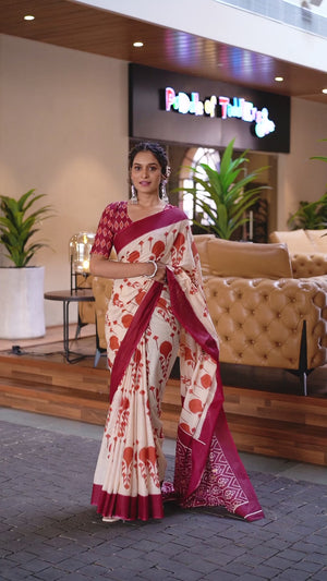 Cream & Wine Abstract Printed Soft Pure Cotton Saree