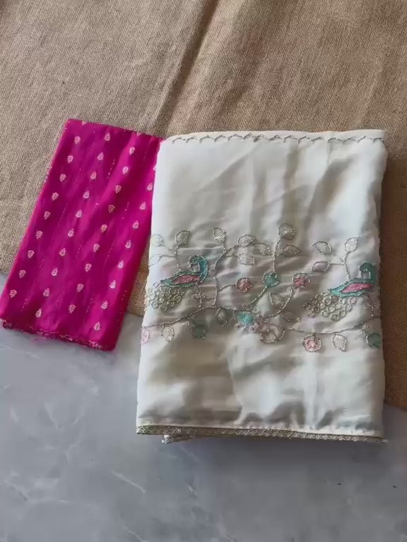 Peachmode White Georgette Saree with Peacock Handwork - Video 2