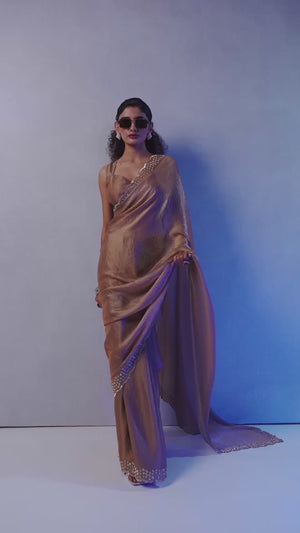Brown Satin Saree with Glamorous Stone Embellishment
