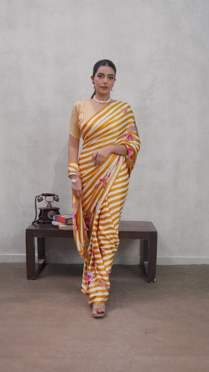 Mustard Elegant Ajrakh Printed Modal Satin Saree Designed for Festive & Party Occasions