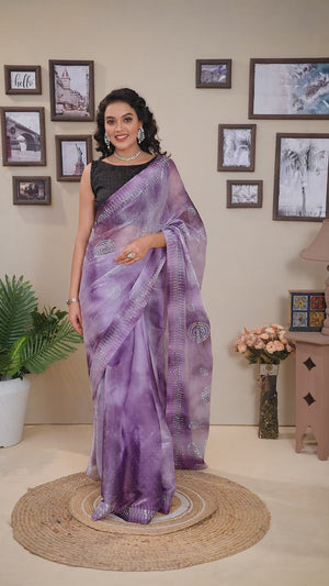 Purple Printed With Diamond Work Zimmi Choo Organza Ready To Wear Saree