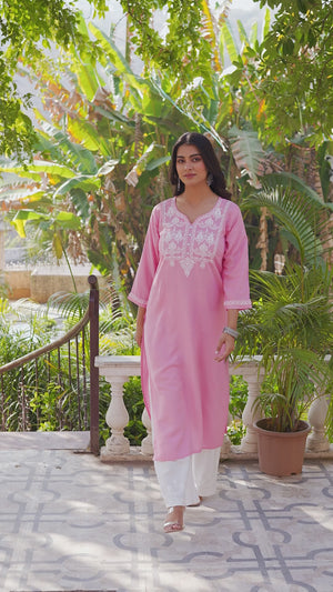 Pink Floral Embroidered Viscose Rayon Straight Top Bottom Set