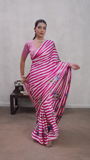 Pink Elegant Ajrakh Printed Modal Satin Saree Designed for Festive & Party Occasions