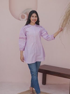 Lavender Straight Top in Cotton with Delicate Embroidered Highlights