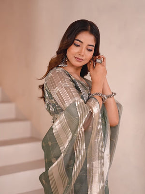 Peachmode Green Linen Cotton Silk Zari Saree - Video 2