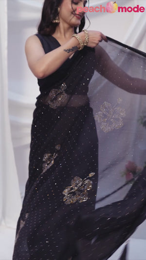 Black Floral Swarovski Work Rangoli Art Silk Ready To Wear Saree