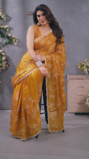 Mustard Jimmy Choo Chiffon Saree Adorned with Delicate Floral Sequins Embroidery