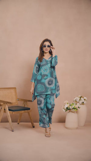 Teal Co-Ord Set In Muslin with Floral Print & Sequin Sparkle