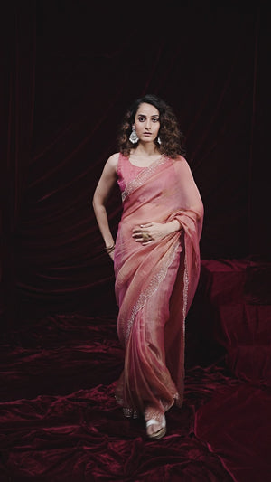 Glamorous Salmon Pink Two Tone Satin Silk Saree Adorned With Beads & Stones Embellishment