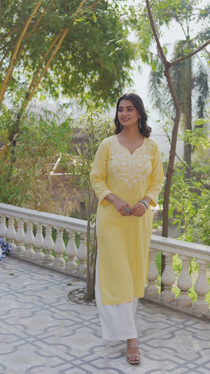 Yellow Floral Embroidered Viscose Rayon Straight Top Bottom Set