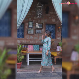 Turquoise Floral Printed Muslin A-line Dress