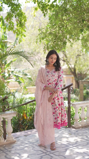 Light Pink Floral Printed Beads Work Pure Cotton Anarkali Salwar Suit