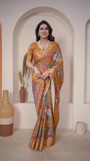 Peachmode Mustard Cotton Silk Kalamkari Print Saree with Zari Border - Video 2