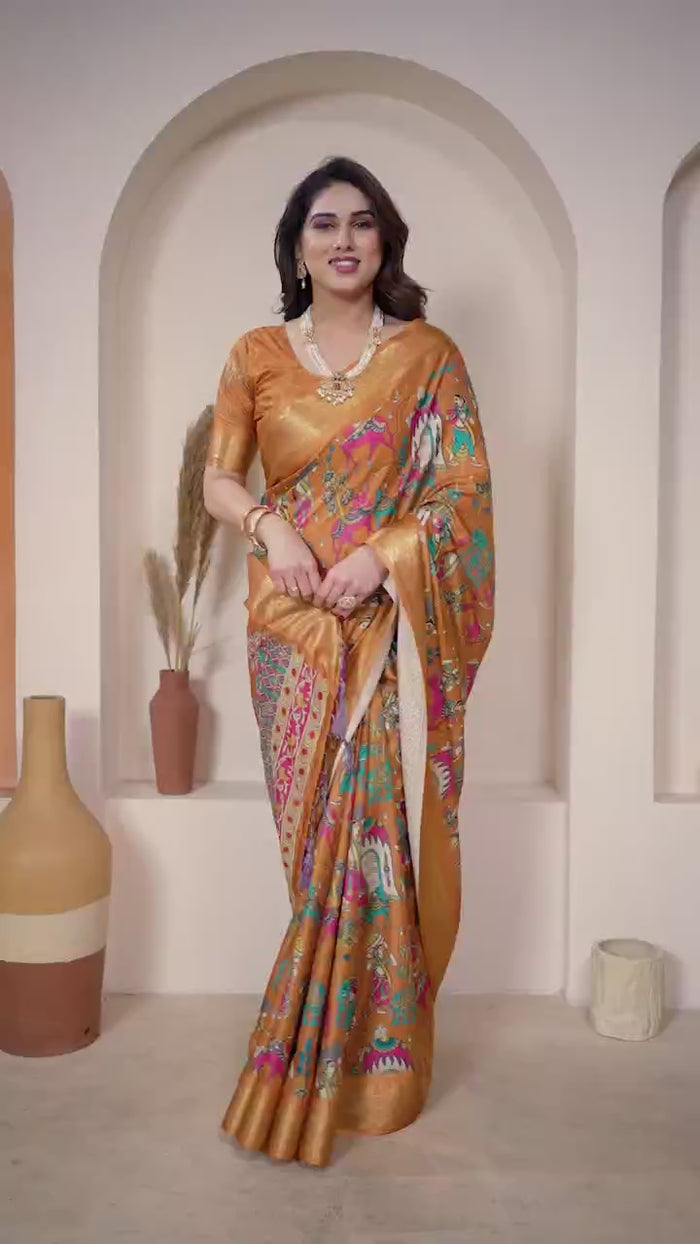 Peachmode Mustard Cotton Silk Kalamkari Print Saree with Zari Border - Video 2