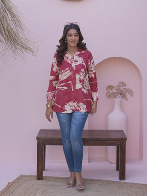 Graceful Cherry Red Rayon Straight Top With A Charming Floral Print