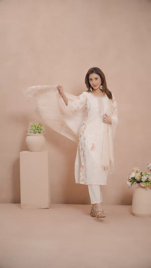 Cream & White Cotton Salwar Suit with Exquisite Floral & Sequin Detailing