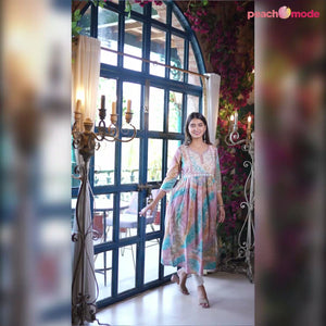 Peach Printed Cambric Cotton Naira Cut Kurti