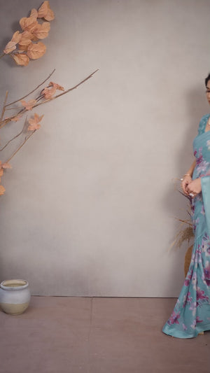 Sky Blue Floral Printed Satin Saree