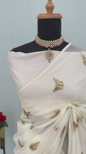 Offwhite Embroidered Georgette Saree With Shimmering Butterfly Sequin Work