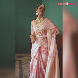 Peach Floral Digital Printed Muslin Saree