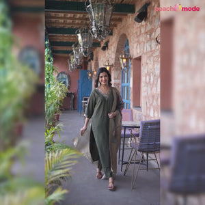 Olive Green Embroidered Pure Silk Salwar Suit With Handcrafted