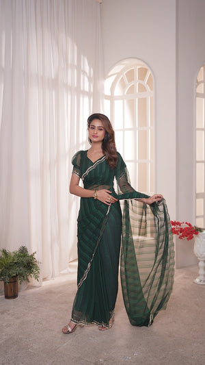 Green Georgette Saree Featuring Contemporary Stripes With A Sparkling Diamond & Beads Work Border