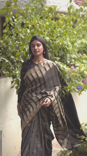 Black Zari Weaving Viscose Saree With Tassels