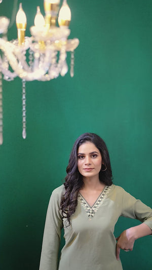 Green Yoke Embroidered Pure Cotton Straight Kurti